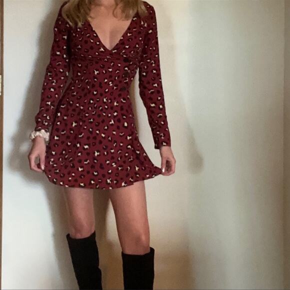 Divided Dresses & Skirts - Divided by H&M Dark Red Leopard Print Wrap Mini Dress Size 4 Animal Print